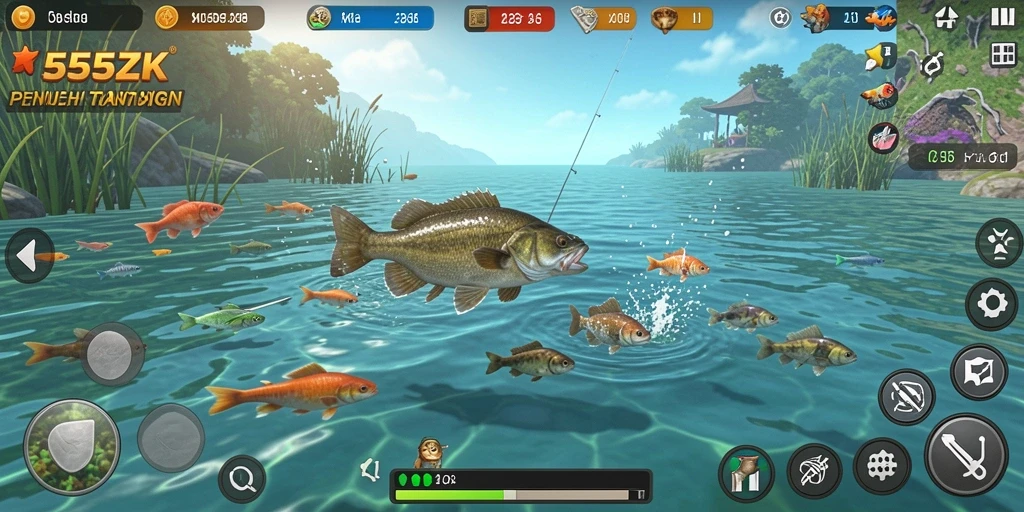 Screenshot utama menampilkan aksi seru saat memancing di 555ZK.