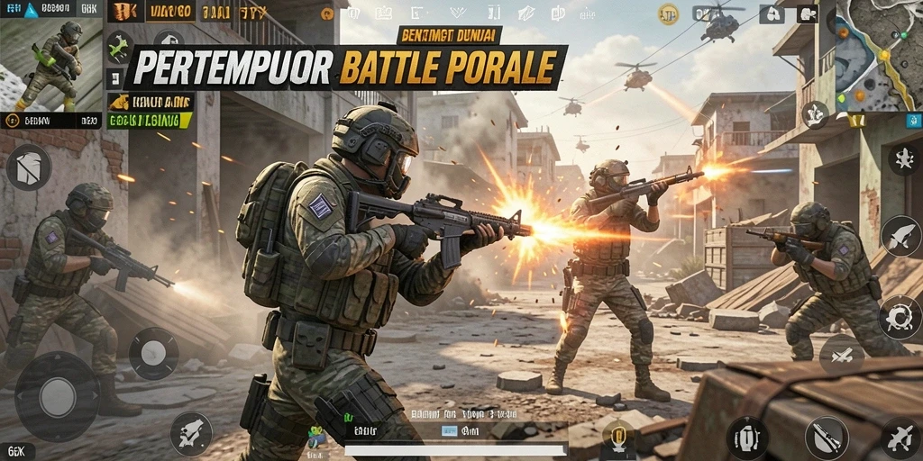 Tangkapan layar utama 66K menampilkan aksi pertempuran dalam game Battle Royale.