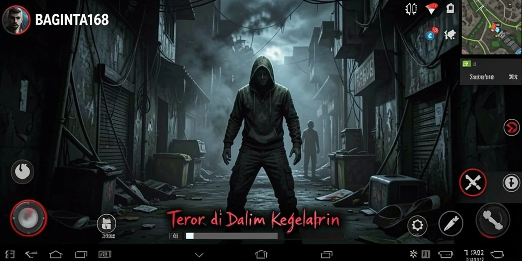 Tampilan gameplay menakutkan di BAGINTA168 dengan suasana kelam.
