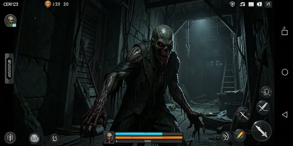 Tangkapan layar gameplay <strong>CERI123</strong> menampilkan atmosfer kelam dan kengerian yang mendebarkan.